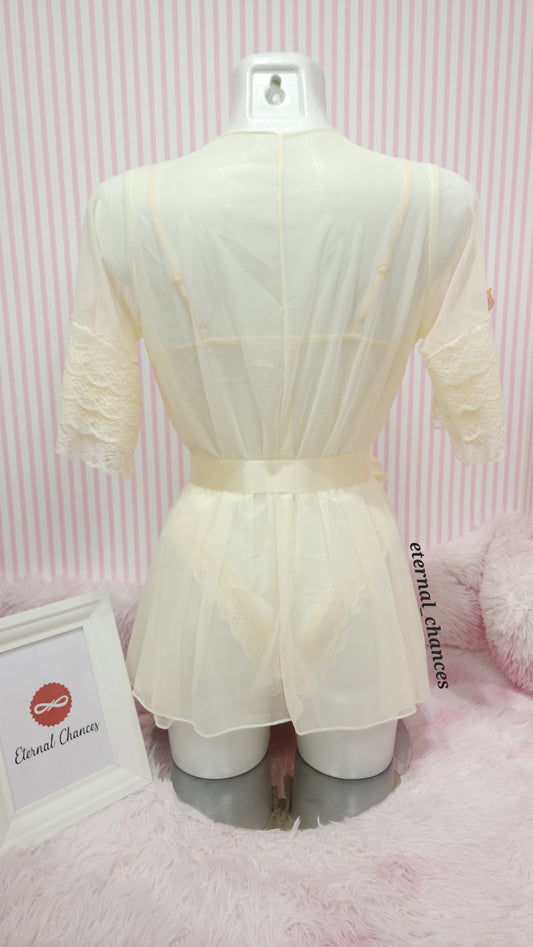 Ensemble 2 pièces bodysuit + kimono déshabillé en tulle avec dentelle taille Small