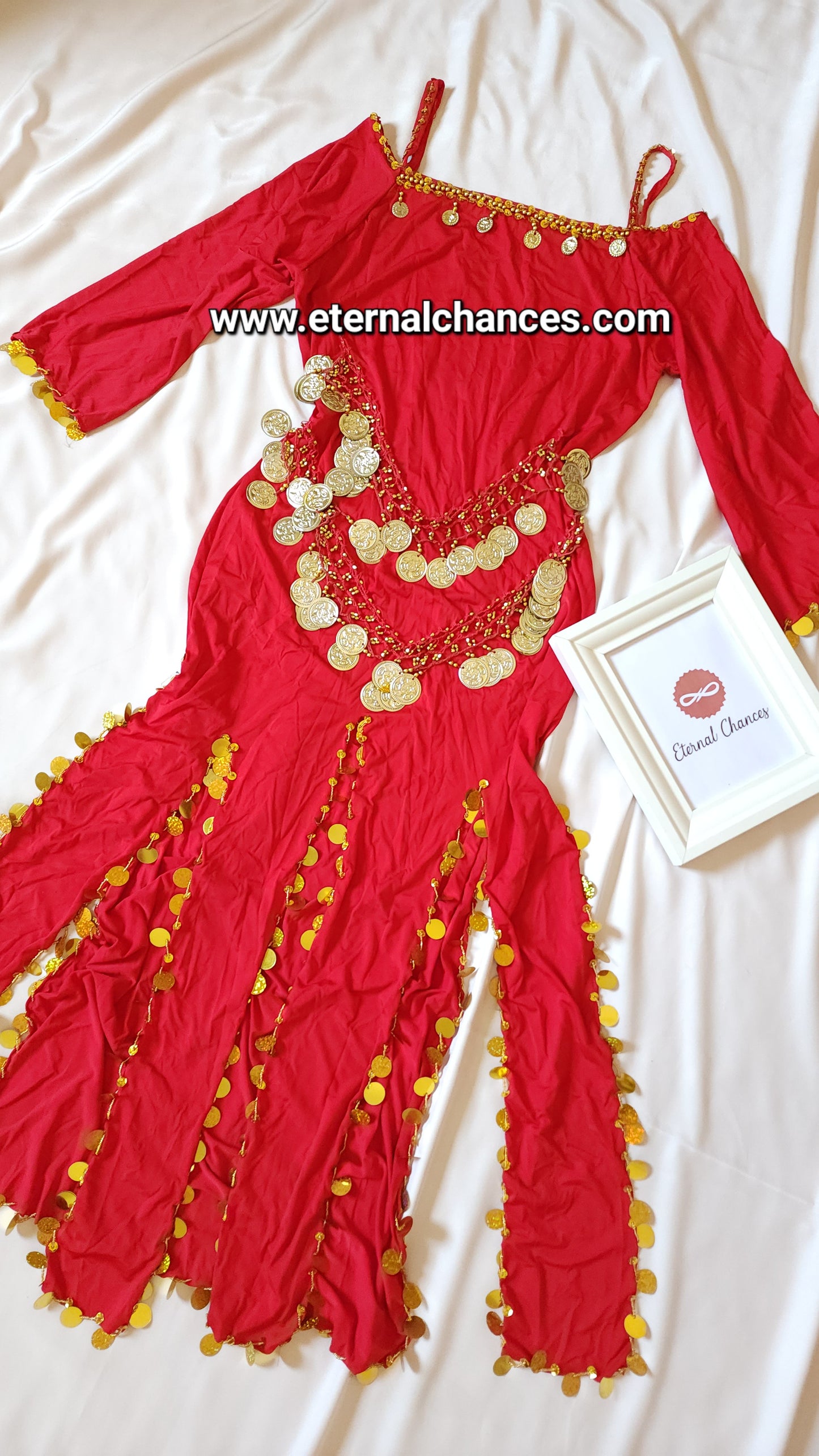 Tenue danse orientale rouge doré taille standard LXL tissu élastique