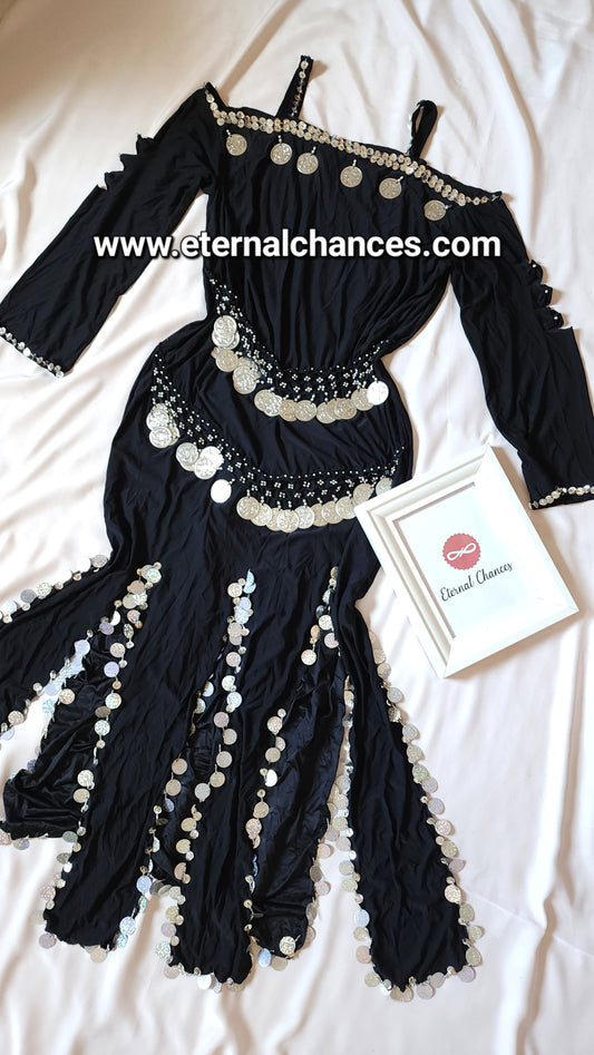 Tenue danse orientale noir argenté taille standard LXL tissu élastique