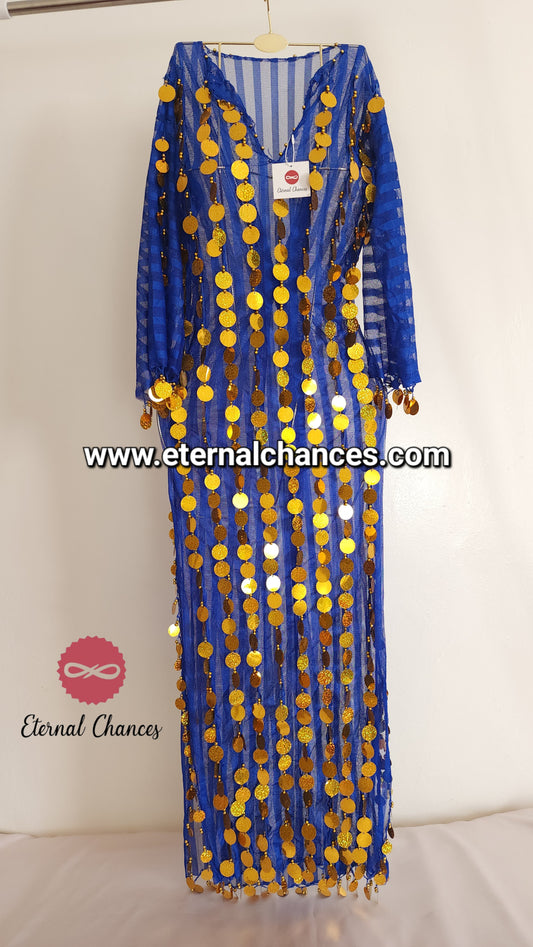 Tenue danse orientale taille standard bleu roi détaillée doré