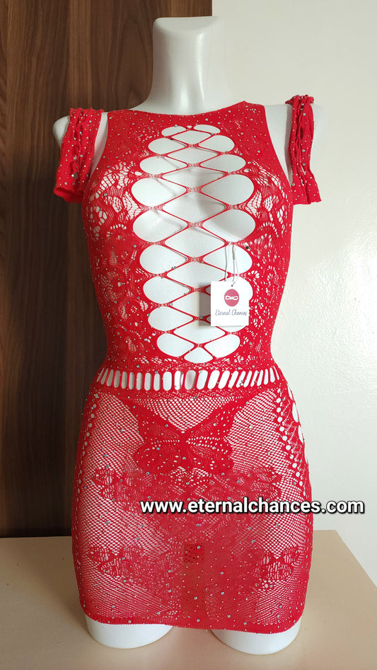 Lingerie résille moulante + Manches ornée de pierres scintillantes Taille extensible