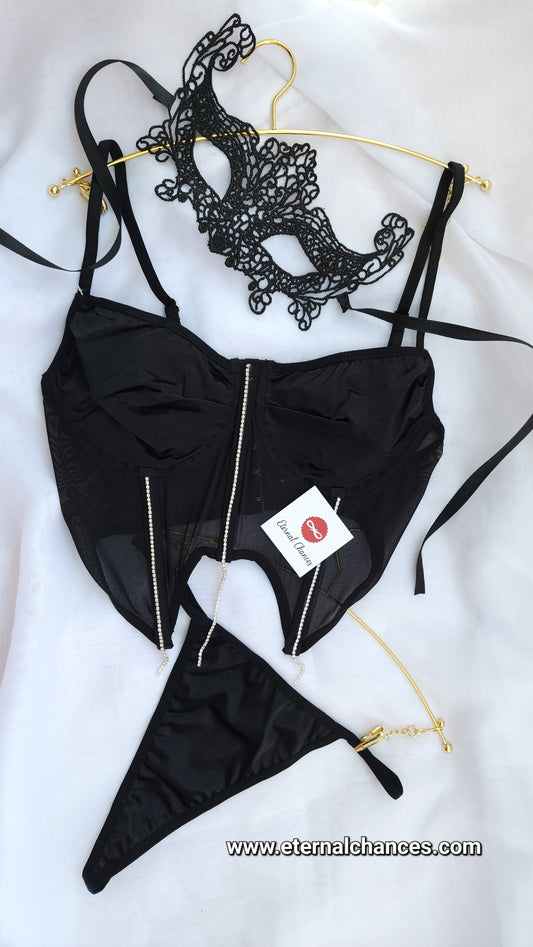 Ensemble détaillé strass + Masque yeux Tailles S - M - L - XL