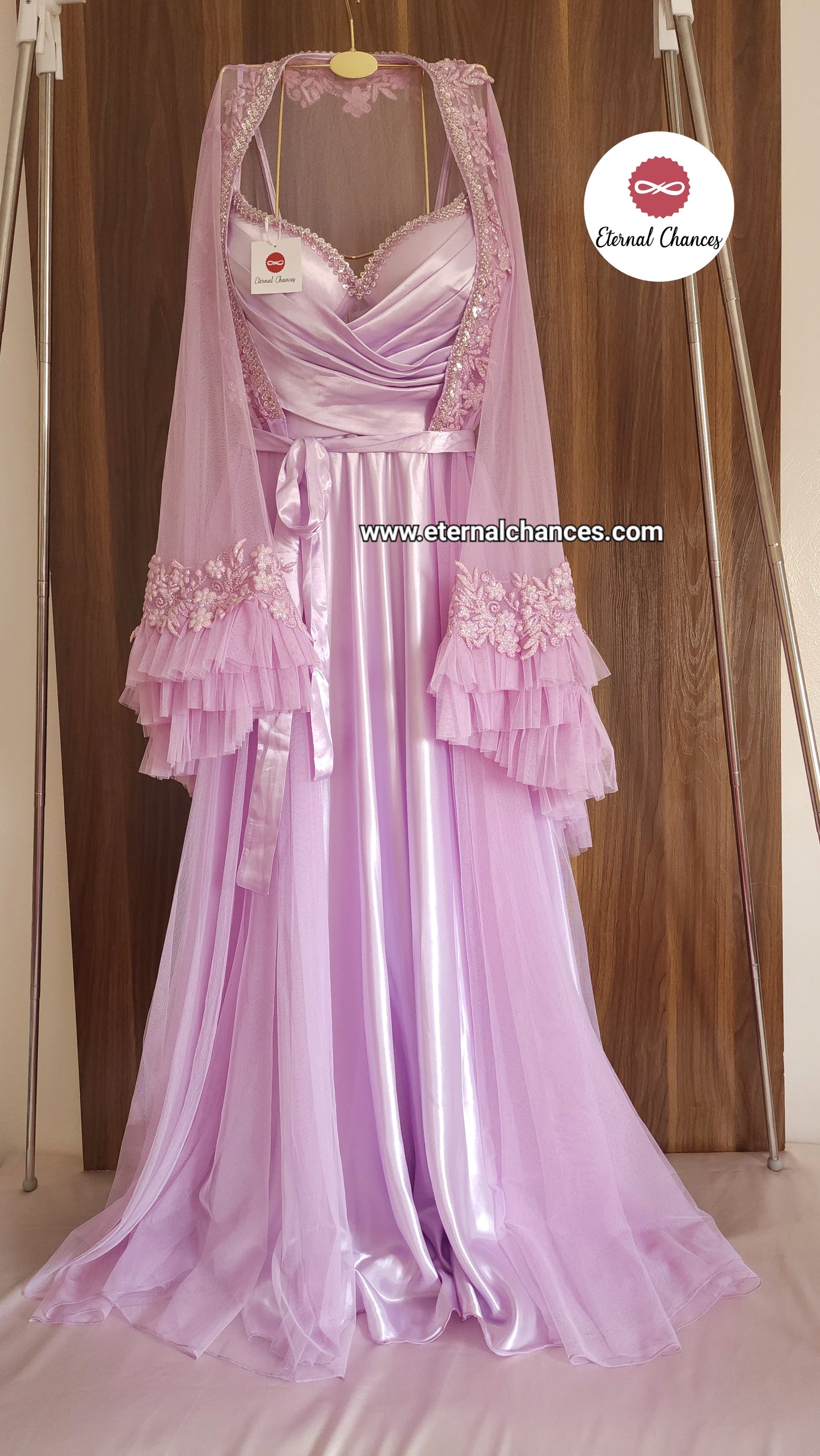Ensemble long Lilas Déshabillé + Nuisette en Satin & Tulle Brodé – Édition Royale (taille standard)