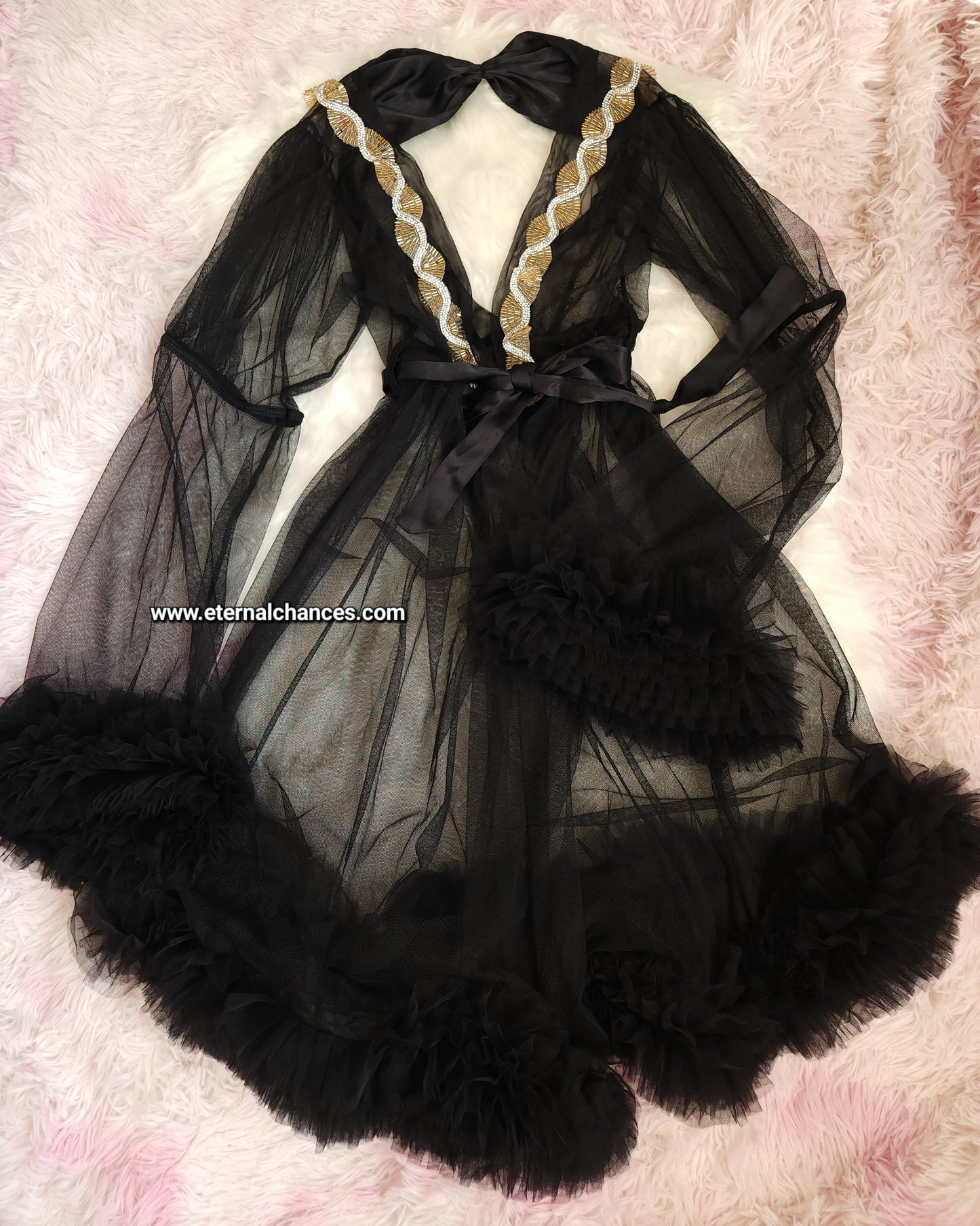 Ensemble Court Mariée Glamour – Satin Noir & Tulle Transparent Taille unique standard