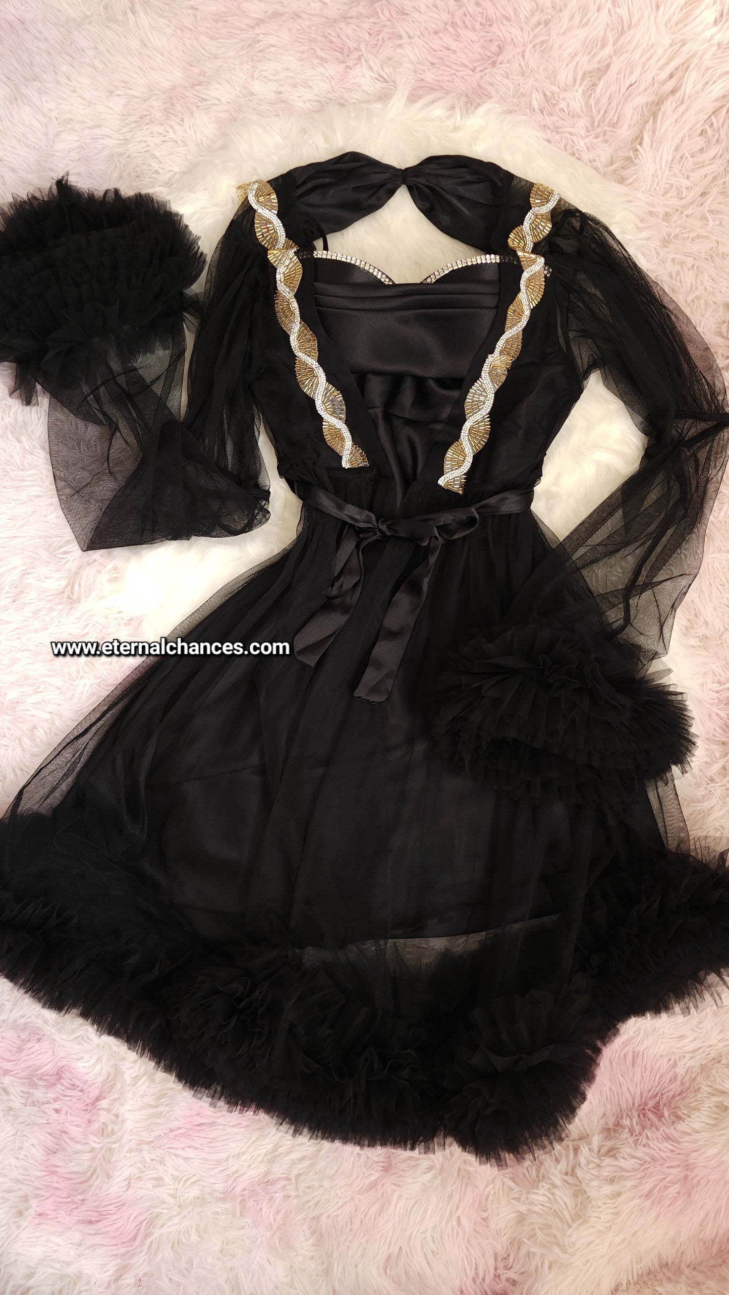 Ensemble Court Mariée Glamour – Satin Noir & Tulle Transparent Taille unique standard