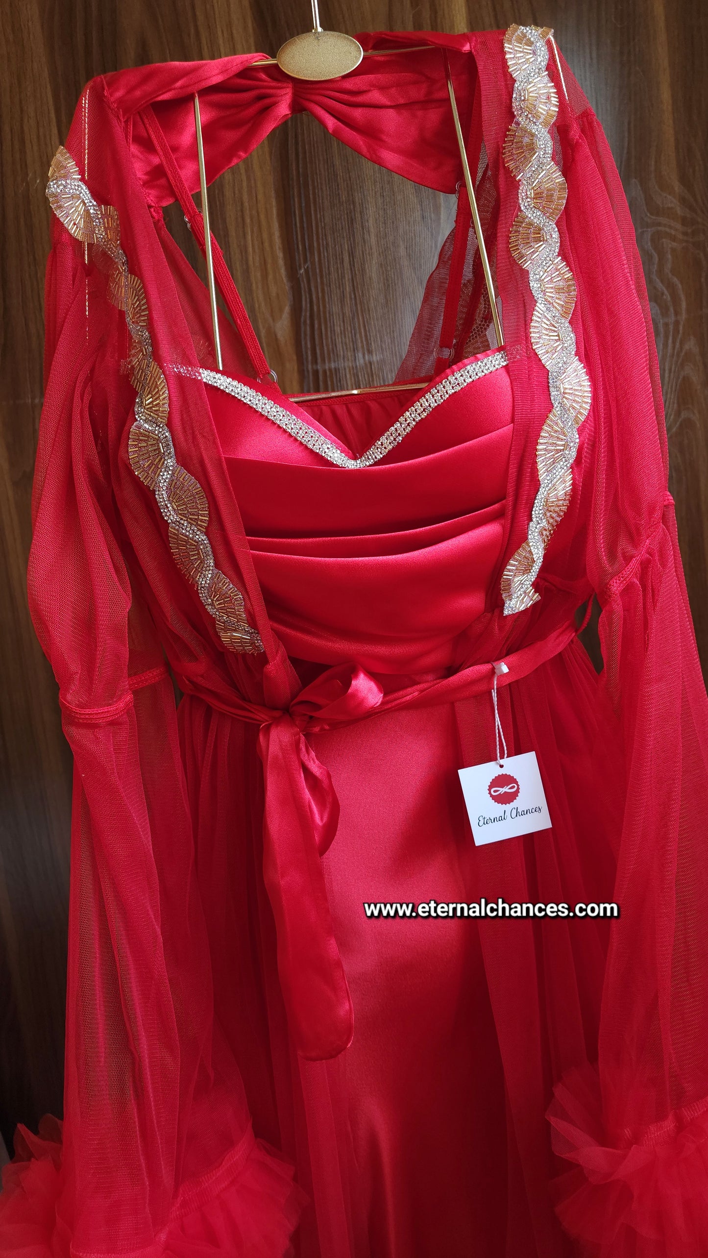 Ensemble Long Mariée Glamour – Satin Rouge & Tulle Transparent Taille unique standard