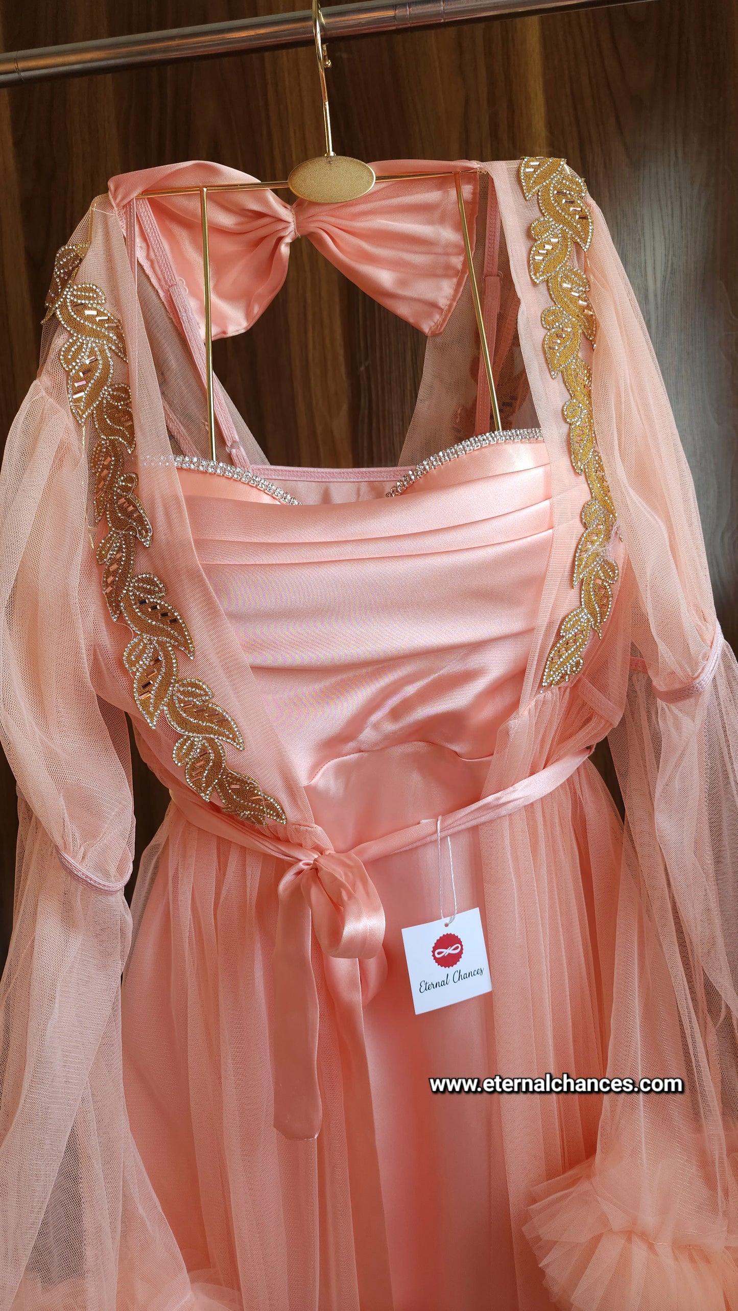 Ensemble Long Mariée Glamour – Satin Rose Pêche & Tulle Transparent Taille unique standard