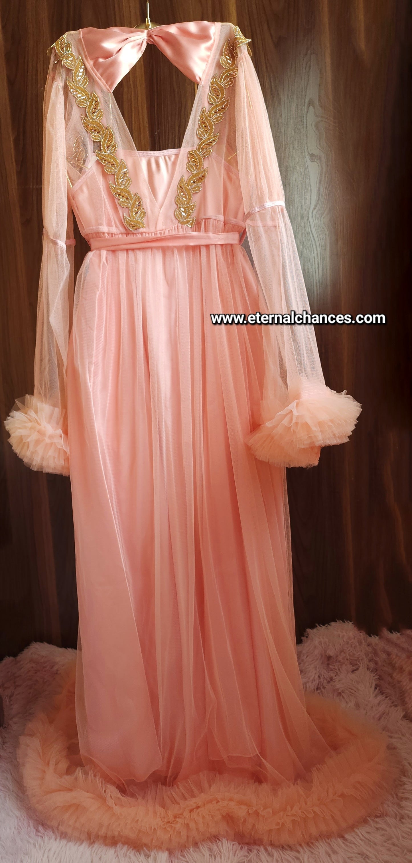 Ensemble Long Mariée Glamour – Satin Rose Pêche & Tulle Transparent Taille unique standard