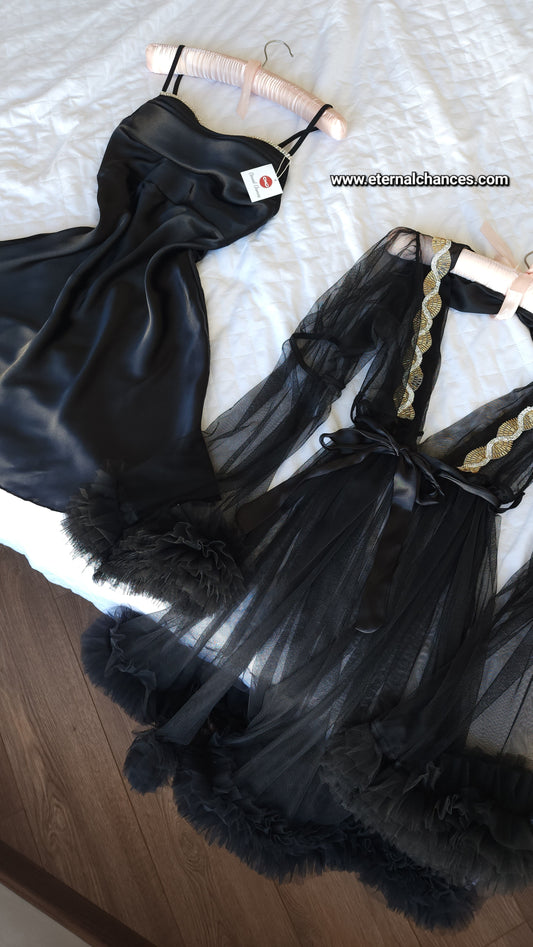 Ensemble Court Mariée nuisette + déshabillé Glamour – Satin Noir & Tulle Transparent Taille unique standard