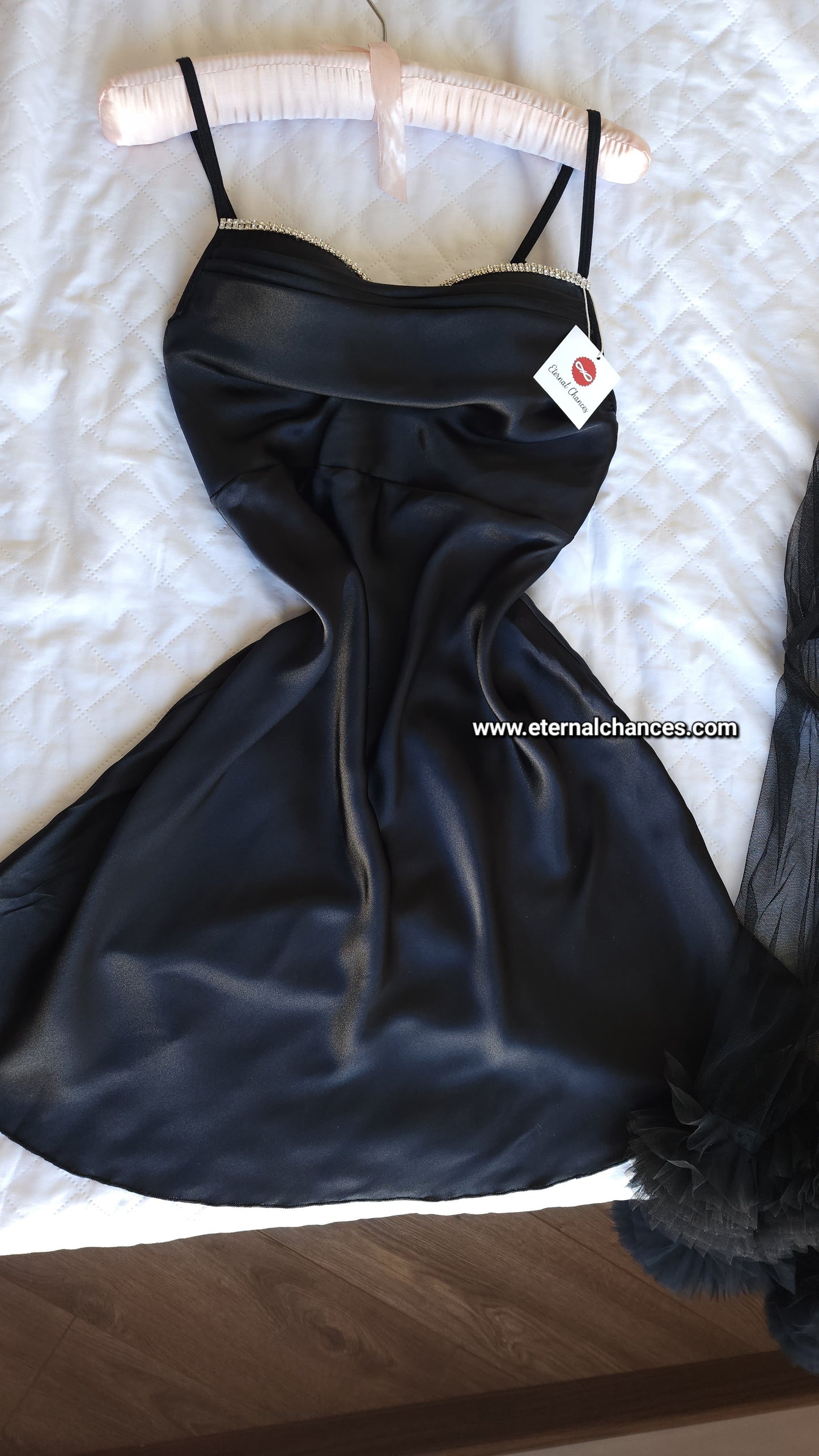 Ensemble Court Mariée nuisette + déshabillé Glamour – Satin Noir & Tulle Transparent Taille unique standard