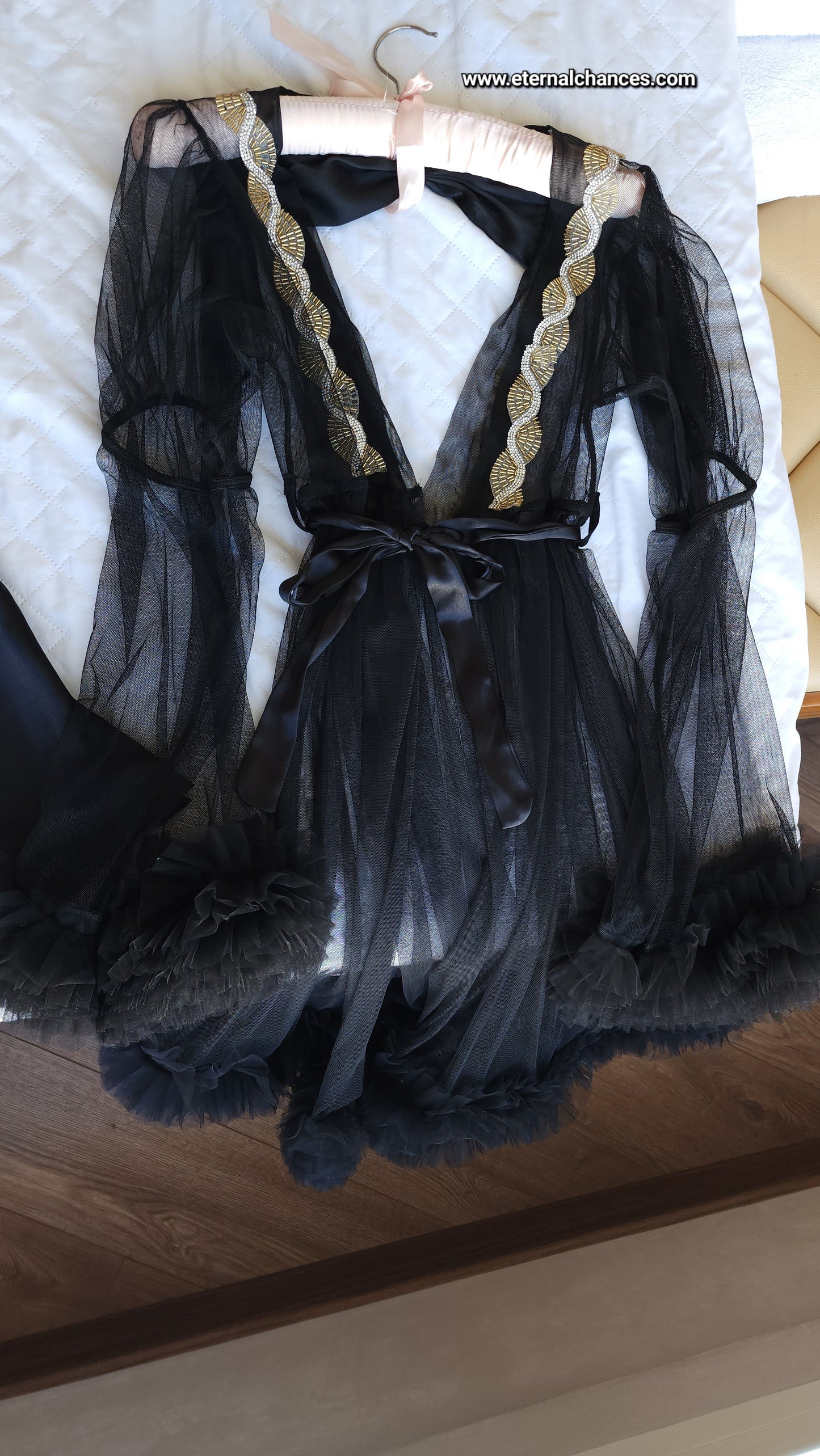 Ensemble Court Mariée nuisette + déshabillé Glamour – Satin Noir & Tulle Transparent Taille unique standard