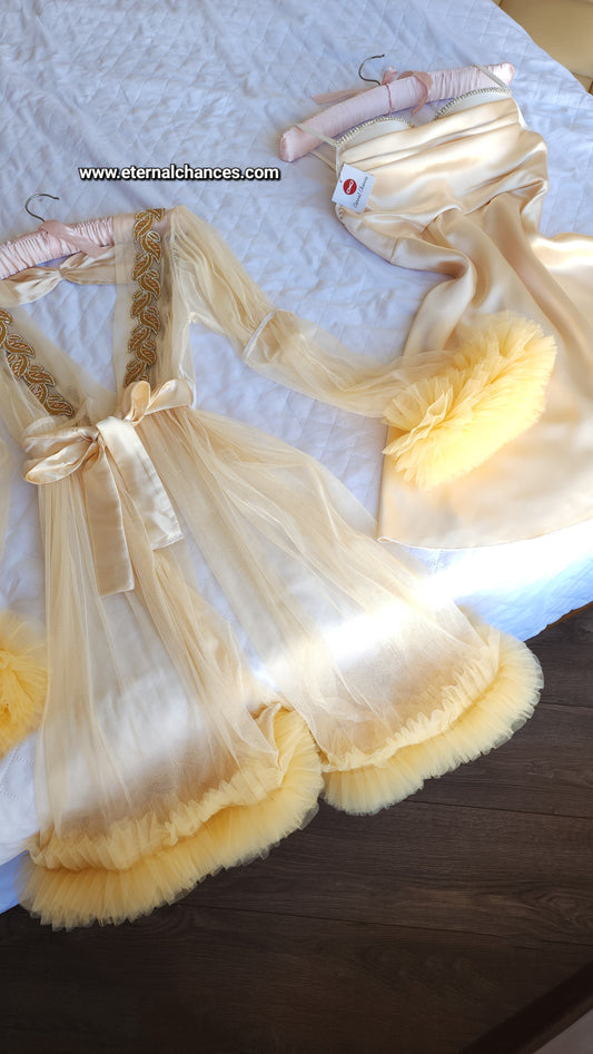 Ensemble Court Mariée nuisette + déshabillé Glamour – Satin Beige & Tulle Transparent Taille unique standard