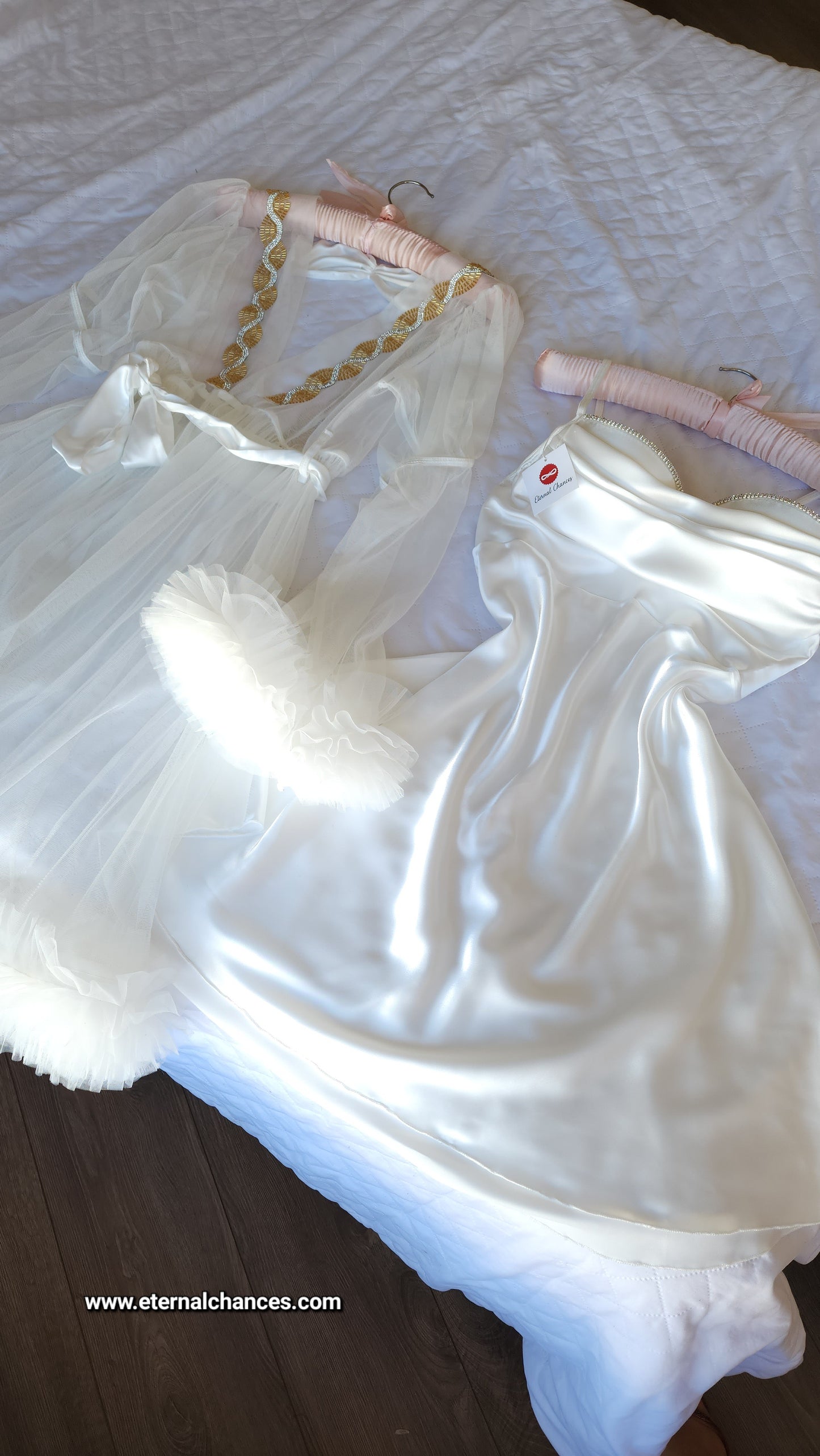 Ensemble Court Mariée nuisette + déshabillé Glamour – Satin Blanc & Tulle Transparent Taille unique standard