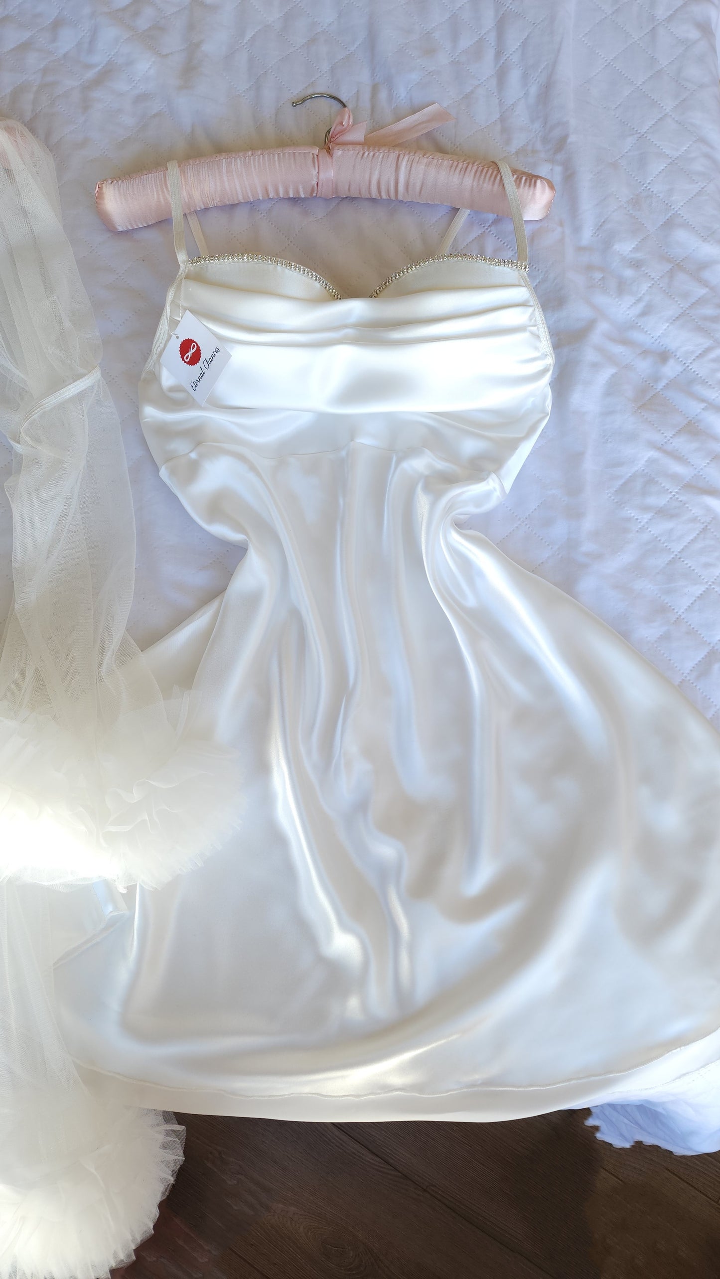 Ensemble Court Mariée nuisette + déshabillé Glamour – Satin Blanc & Tulle Transparent Taille unique standard