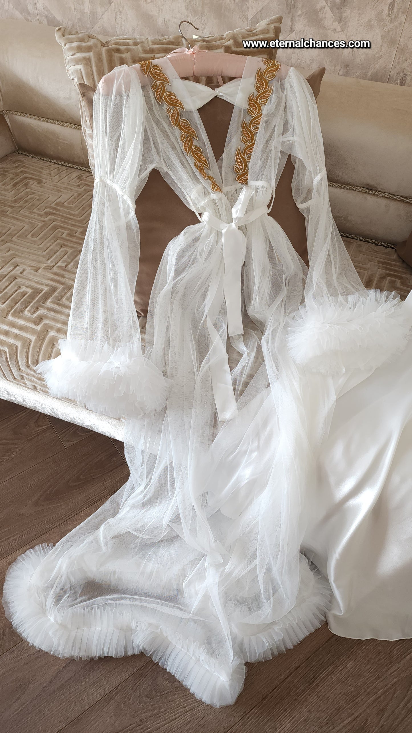 Ensemble Long Mariée nuisette + déshabillé Glamour – Satin Blanc & Tulle Transparent Taille unique standard
