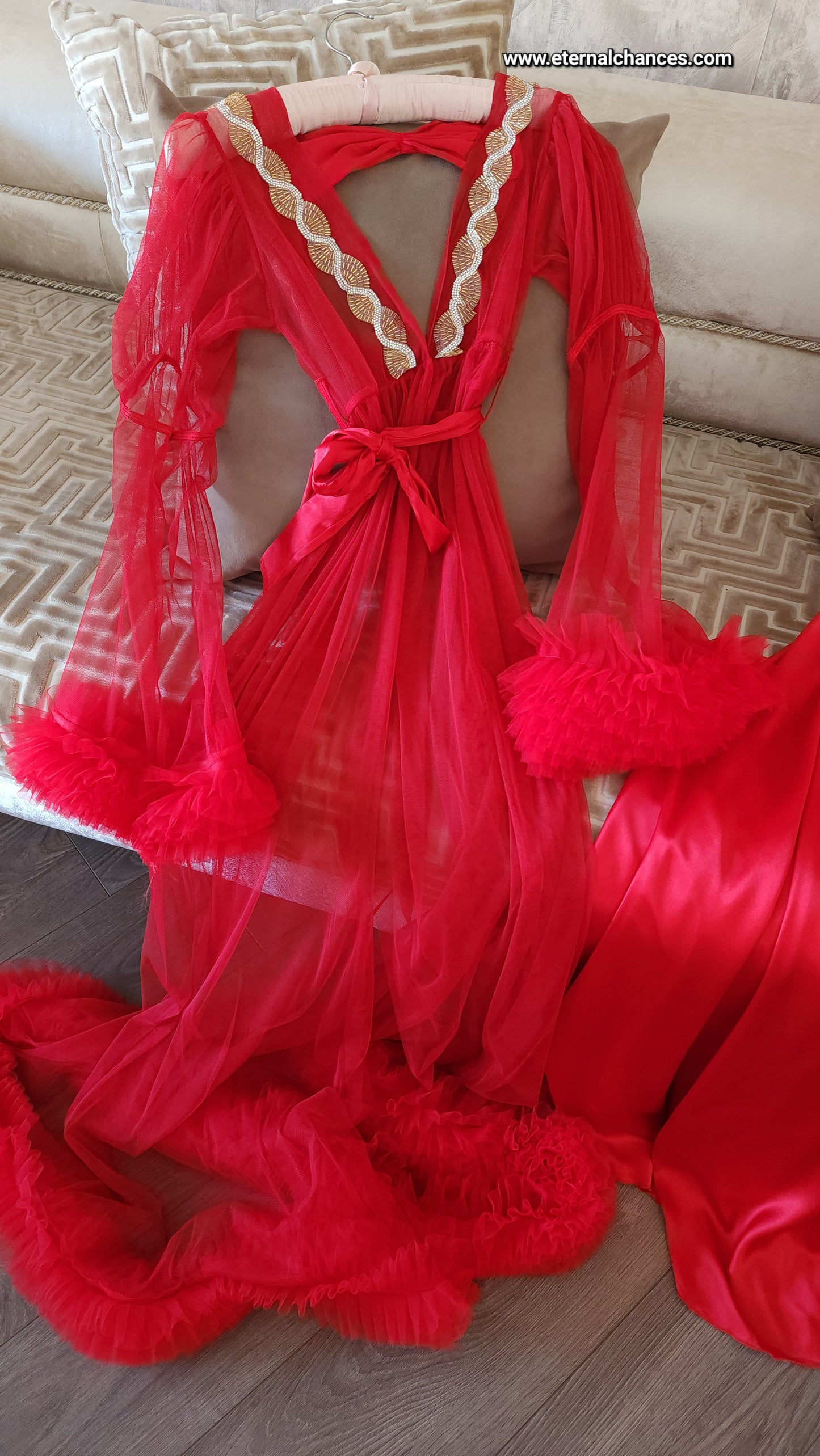 Ensemble Long Mariée nuisette + déshabillé Glamour – Satin Rouge & Tulle Transparent Taille unique standard