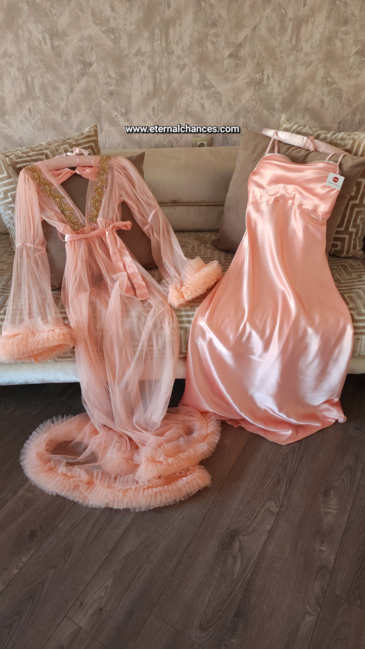 Ensemble Long Mariée Glamour nuisette + déshabillé – Satin Rose Pêche & Tulle Transparent Taille unique standard