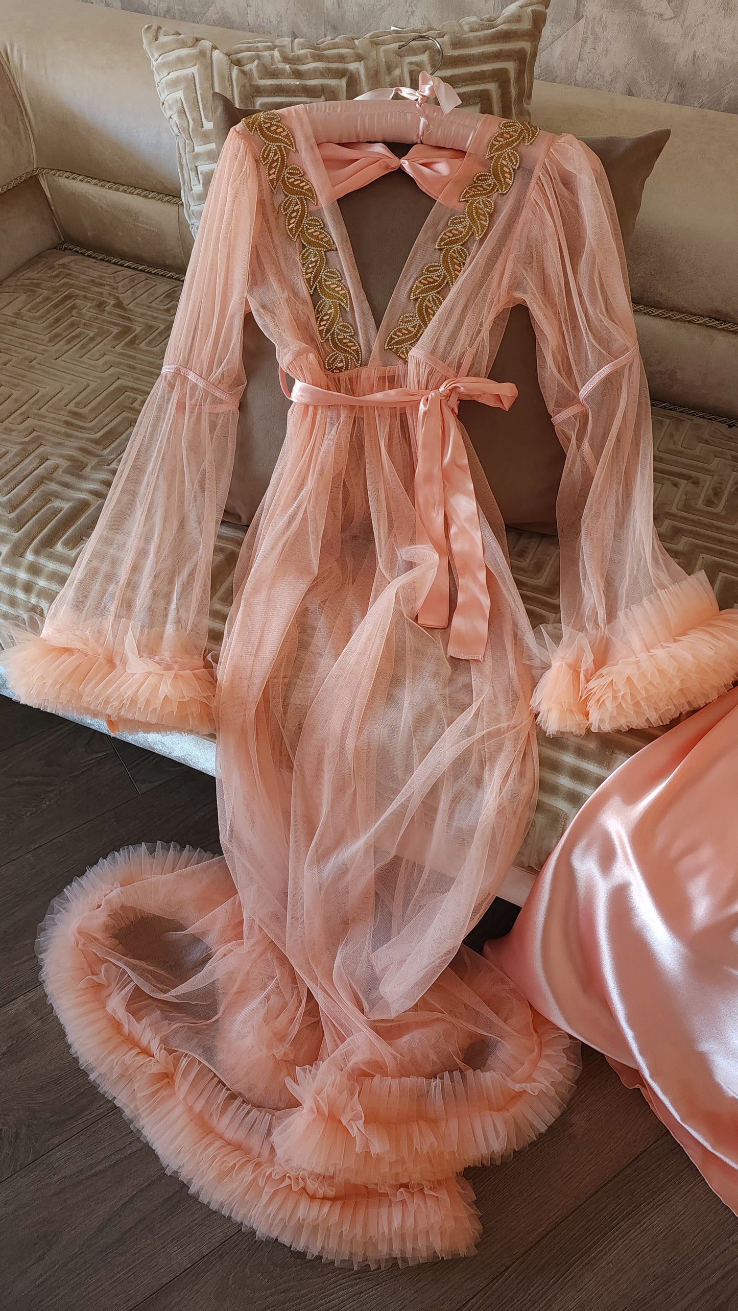 Ensemble Long Mariée Glamour nuisette + déshabillé – Satin Rose Pêche & Tulle Transparent Taille unique standard