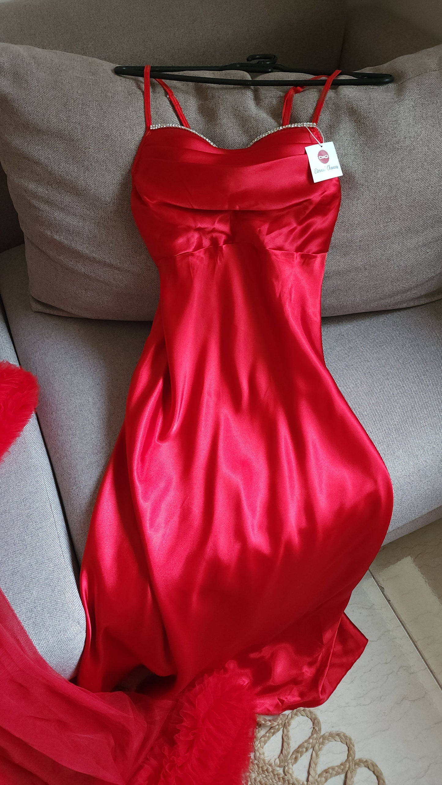 Ensemble Long Mariée nuisette + déshabillé Glamour – Satin Rouge & Tulle Transparent Taille unique standard