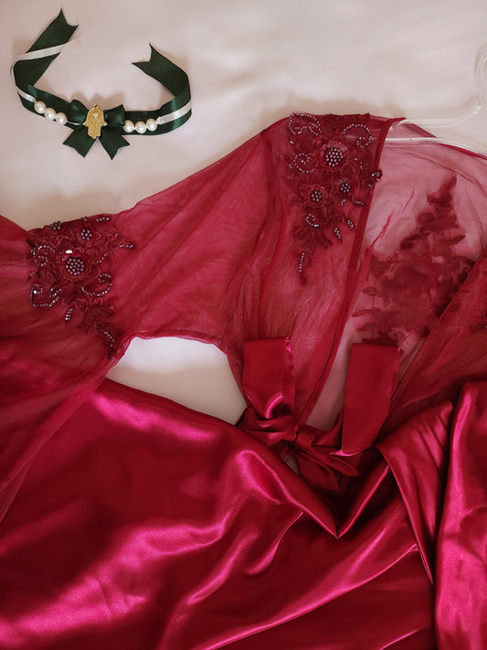 Édition Royale - Ensemble court bordeaux déshabillé + Nuisette (taille standard ajustable)
