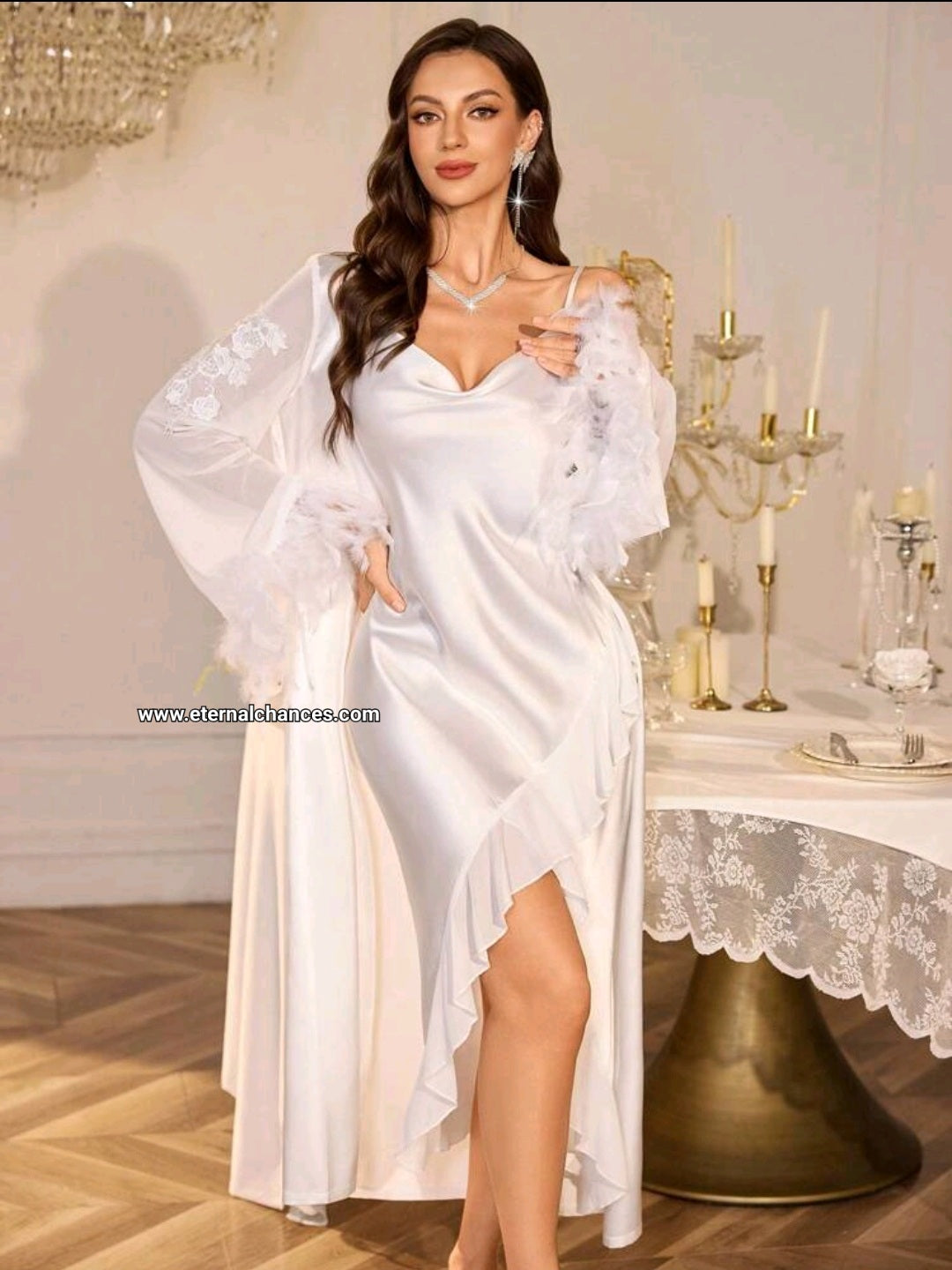 Ensemble long nuisette + déshabillé satin tulle taille S.M.L.XL