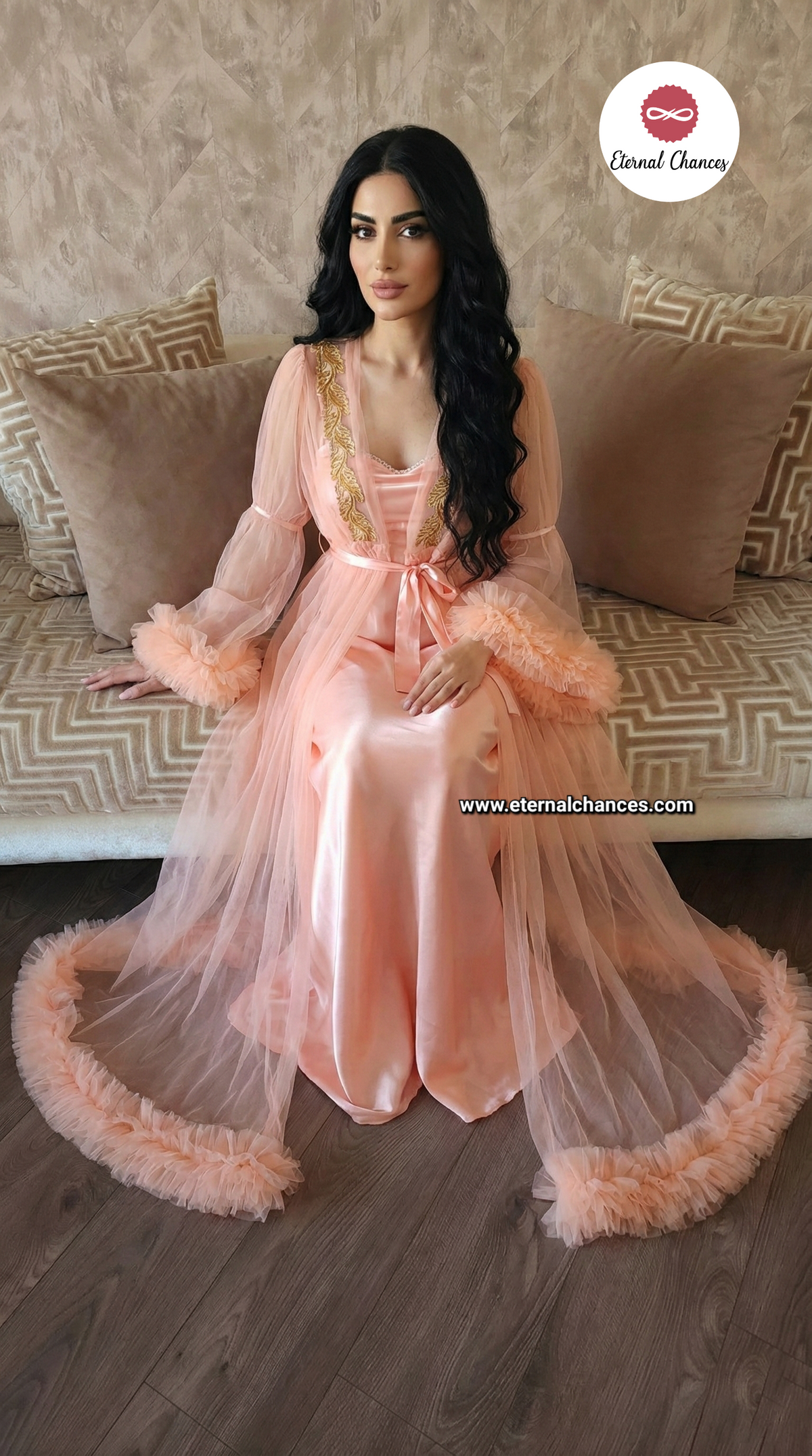 Ensemble Long Mariée Glamour nuisette + déshabillé – Satin Rose Pêche & Tulle Transparent Taille unique standard