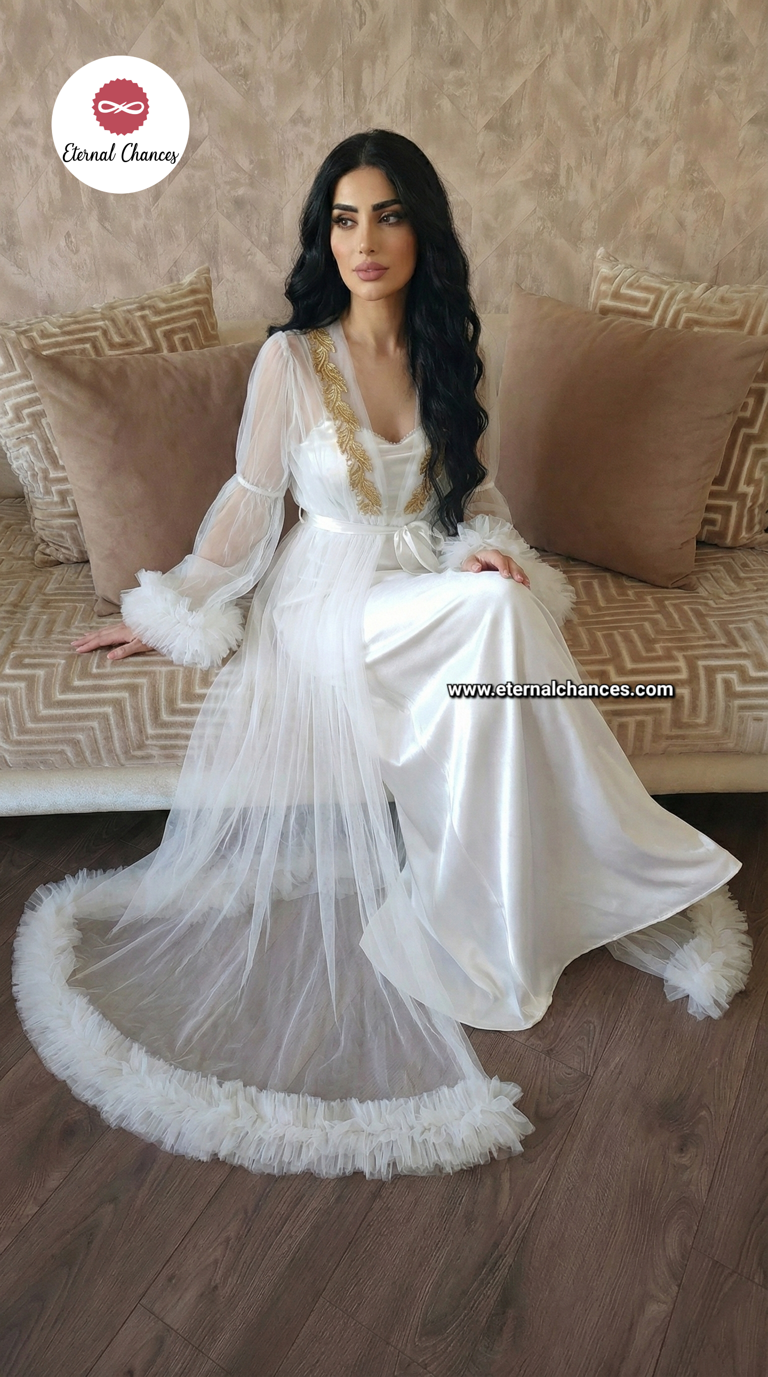 Ensemble Long Mariée nuisette + déshabillé Glamour – Satin Blanc & Tulle Transparent Taille unique standard