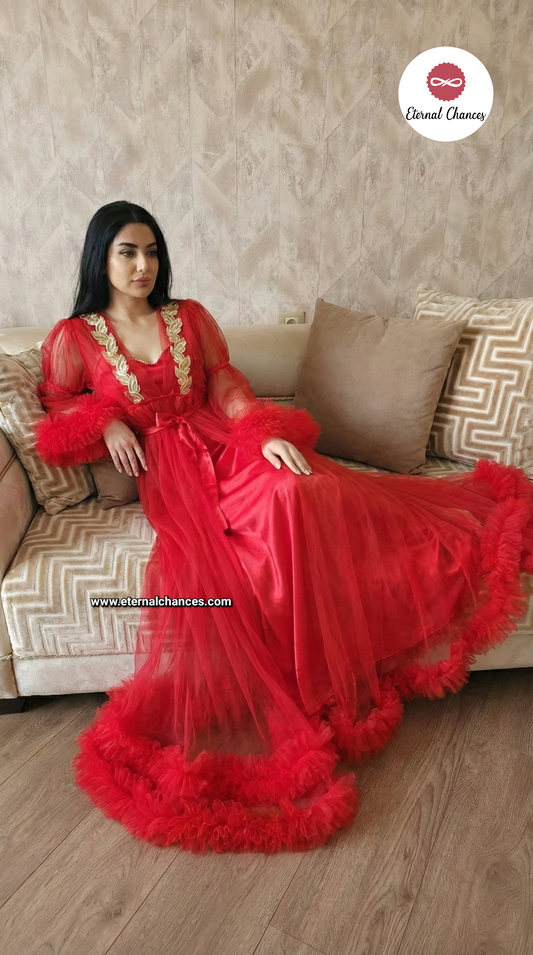 Ensemble Long Mariée nuisette + déshabillé Glamour – Satin Rouge & Tulle Transparent Taille unique standard