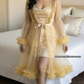 Ensemble Court Mariée nuisette + déshabillé Glamour – Satin Beige & Tulle Transparent Taille unique standard