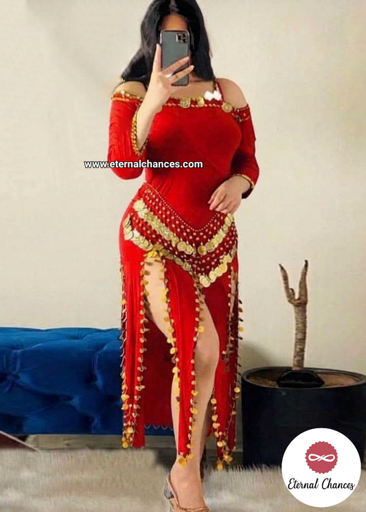 Tenue danse orientale rouge doré taille standard LXL tissu élastique [52XK]