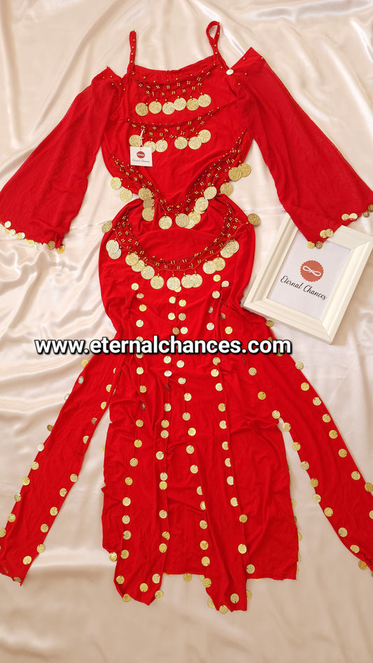 Tenue danse orientale rouge doré taille standard LXL tissu élastique