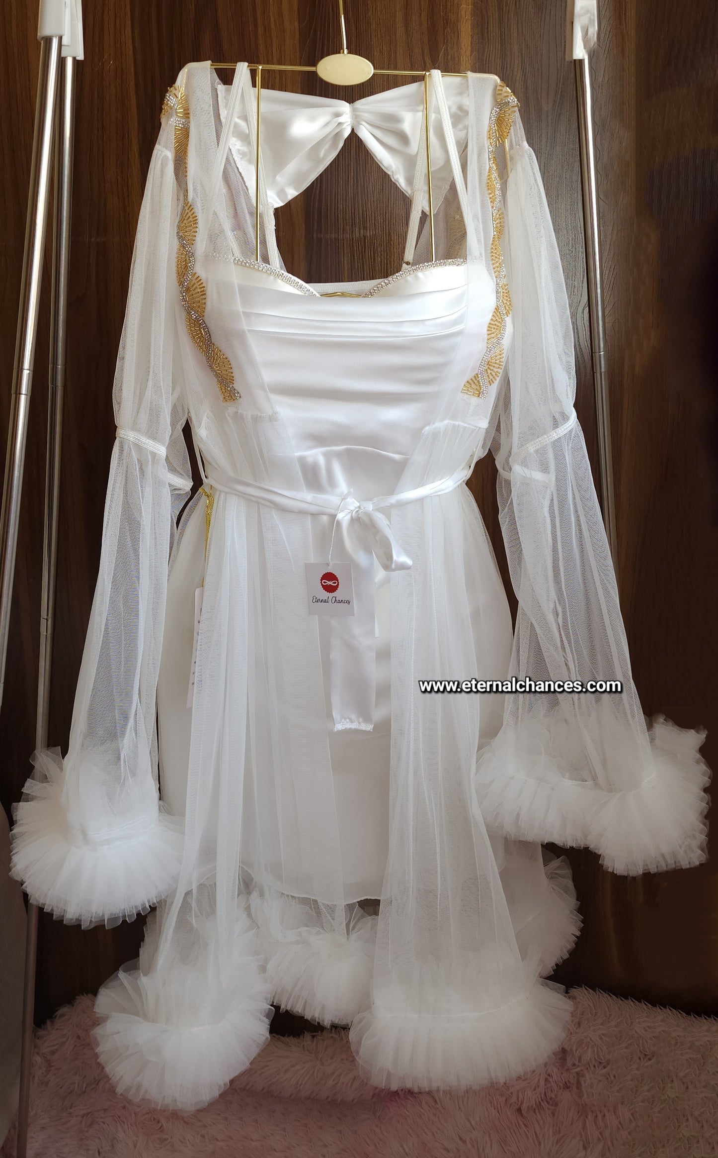 Ensemble Court Mariée Glamour – Satin Blanc & Tulle Transparent Taille unique standard