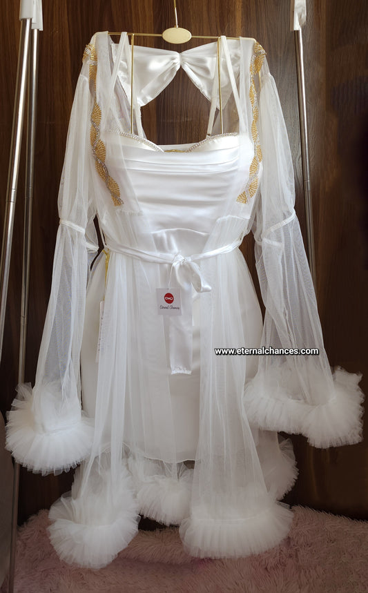 Ensemble Court Mariée Glamour – Satin Blanc & Tulle Transparent Taille unique standard