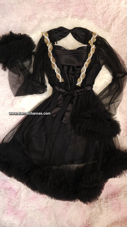 Ensemble Court Mariée Glamour – Satin Noir & Tulle Transparent Taille unique standard