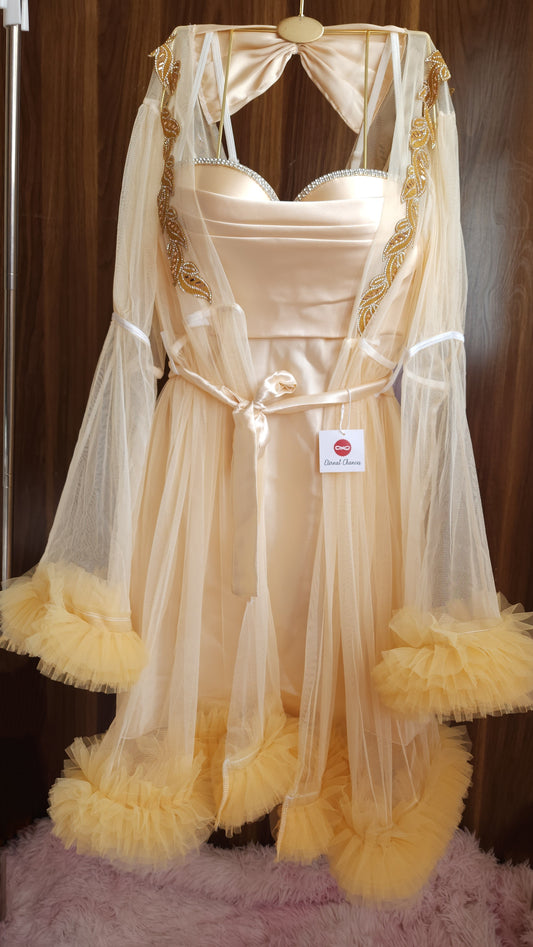 Ensemble Court Mariée Glamour – Satin Beige & Tulle Transparent Taille unique standard