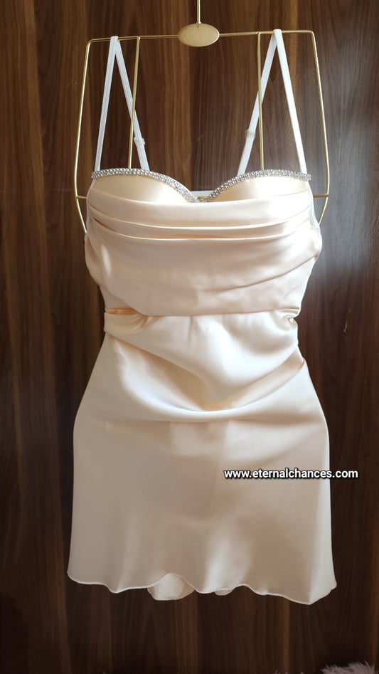 Ensemble Court Mariée Glamour – Satin Beige & Tulle Transparent Taille unique standard