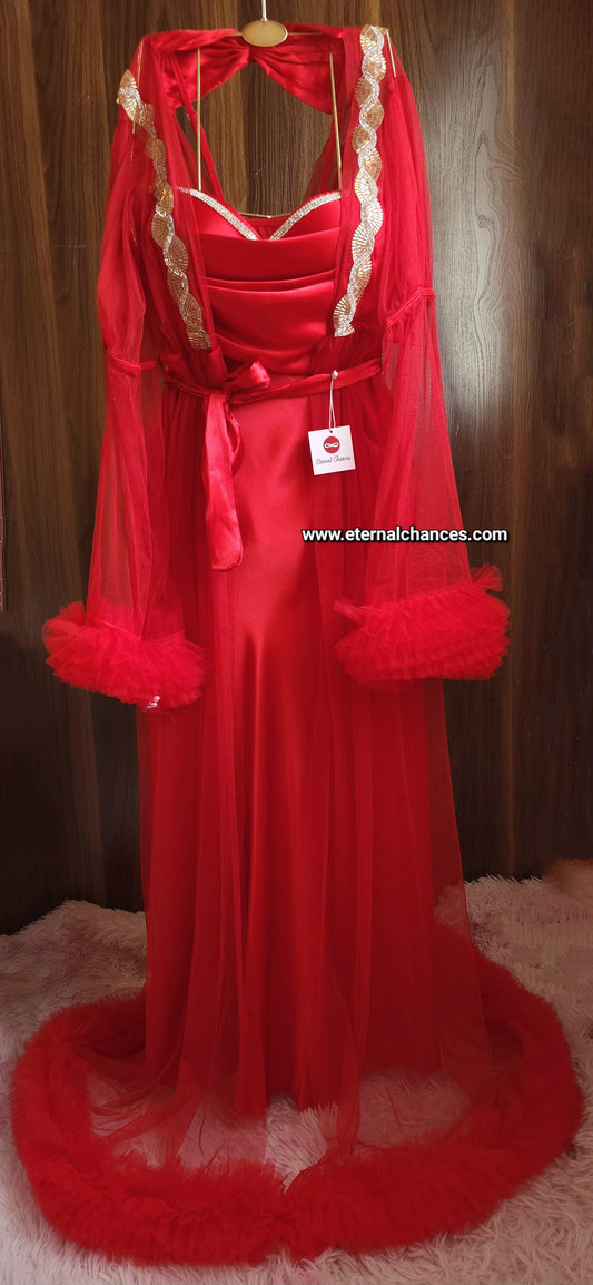 Ensemble Long Mariée Glamour – Satin Rouge & Tulle Transparent Taille unique standard