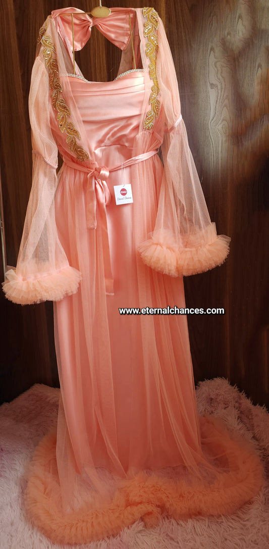 Ensemble Long Mariée Glamour – Satin Rose Pêche & Tulle Transparent Taille unique standard