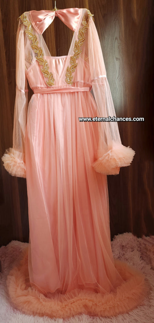 Ensemble Long Mariée Glamour – Satin Rose Pêche & Tulle Transparent Taille unique standard