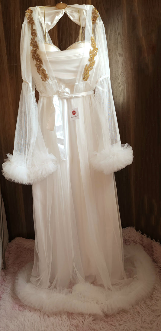 Ensemble Long Mariée Glamour – Satin Blanc & Tulle Transparent Taille unique standard