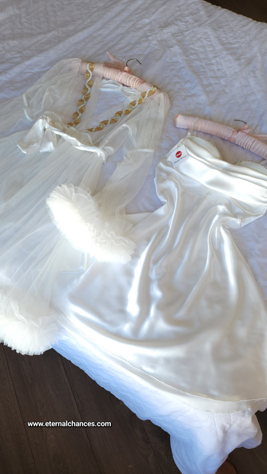 Ensemble Court Mariée Glamour – Satin Blanc & Tulle Transparent Taille unique standard