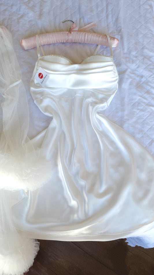 Ensemble Court Mariée Glamour – Satin Blanc & Tulle Transparent Taille unique standard