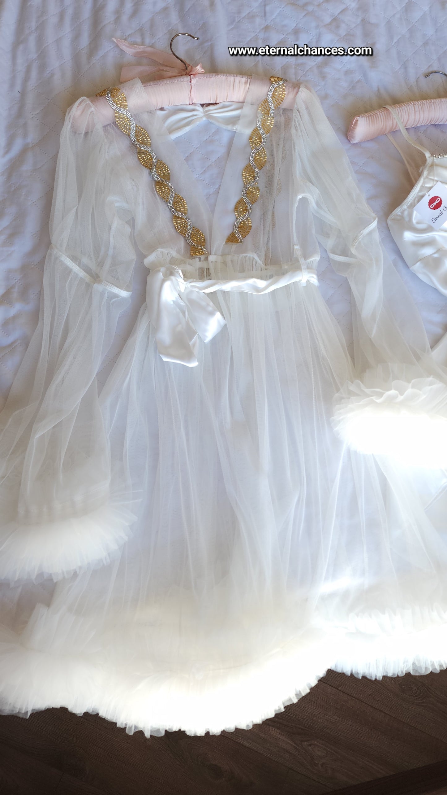 Ensemble Court Mariée nuisette + déshabillé Glamour – Satin Blanc & Tulle Transparent Taille unique standard