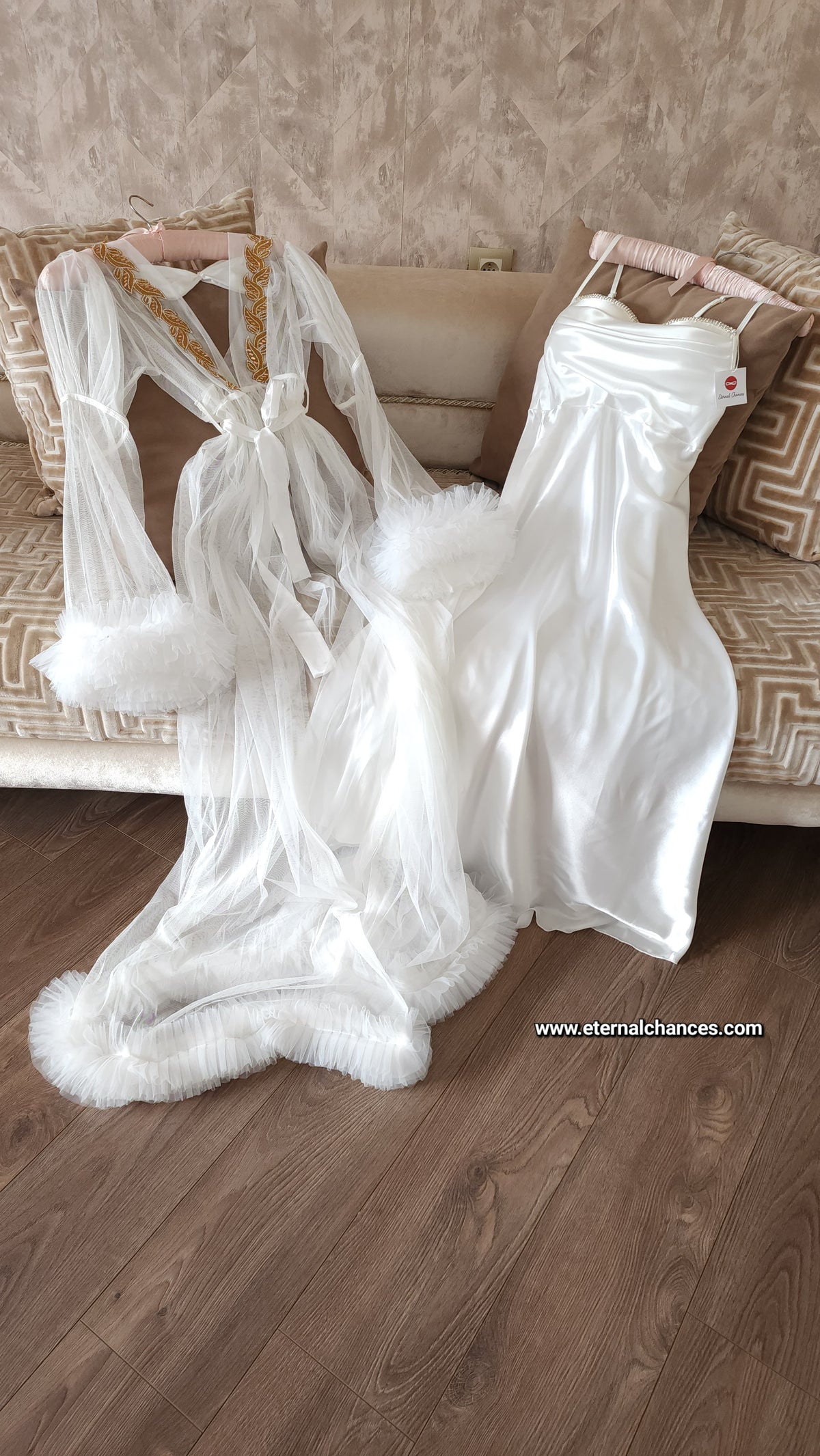 Ensemble Long Mariée nuisette + déshabillé Glamour – Satin Blanc & Tulle Transparent Taille unique standard
