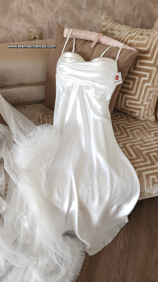 Ensemble Long Mariée Glamour – Satin Blanc & Tulle Transparent Taille unique standard
