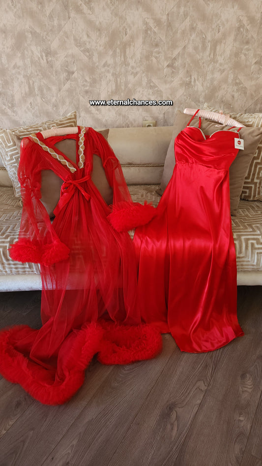 Ensemble Long Mariée Glamour – Satin Rouge & Tulle Transparent Taille unique standard