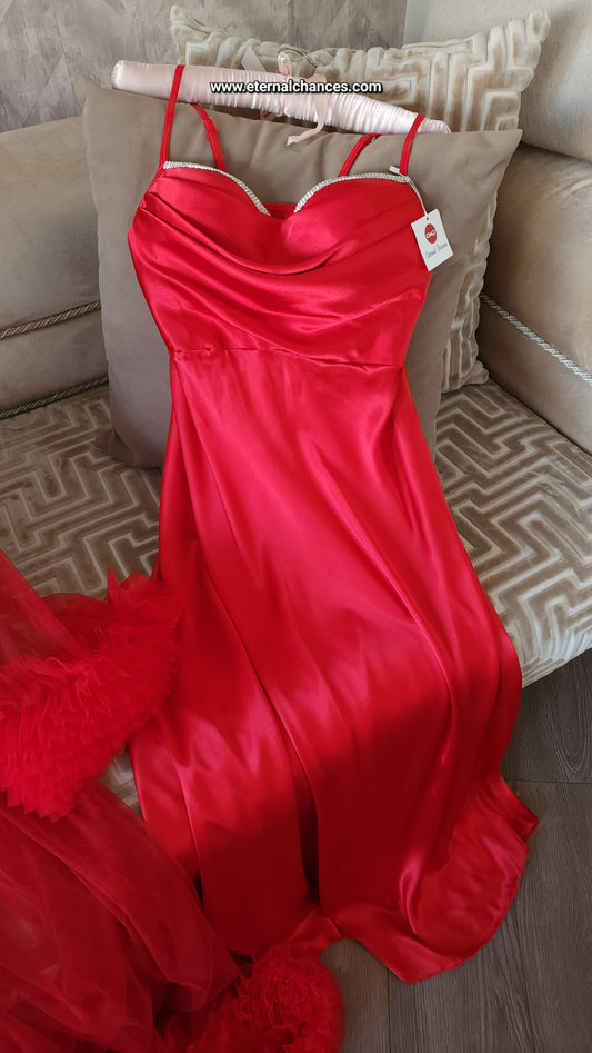 Ensemble Long Mariée Glamour – Satin Rouge & Tulle Transparent Taille unique standard