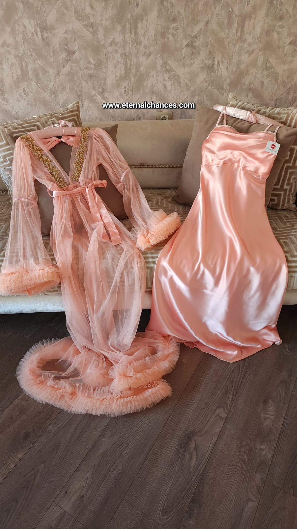 Ensemble Long Mariée Glamour nuisette + déshabillé – Satin Rose Pêche & Tulle Transparent Taille unique standard