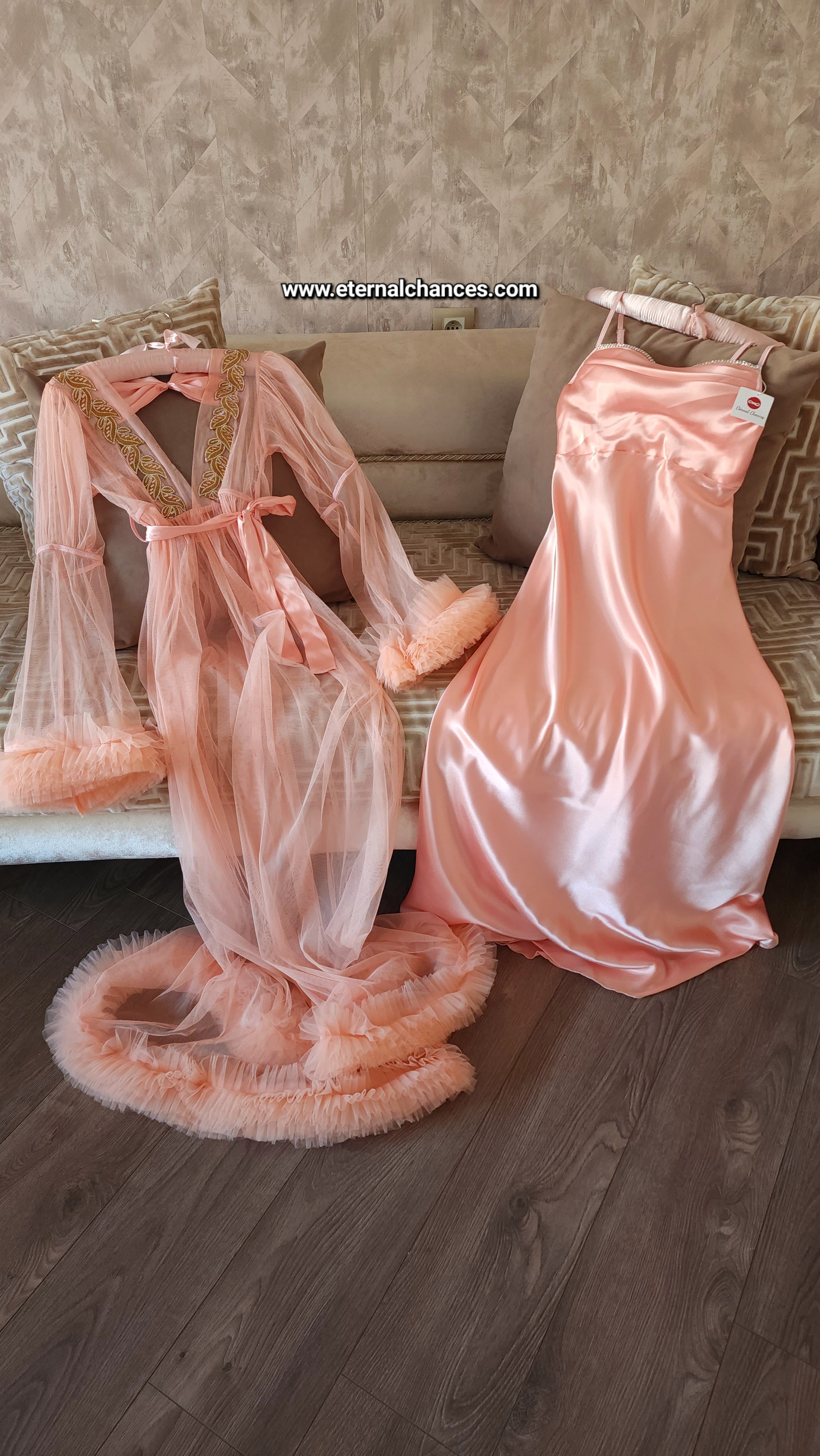 Ensemble Long Mariée Glamour nuisette + déshabillé – Satin Rose Pêche & Tulle Transparent Taille unique standard