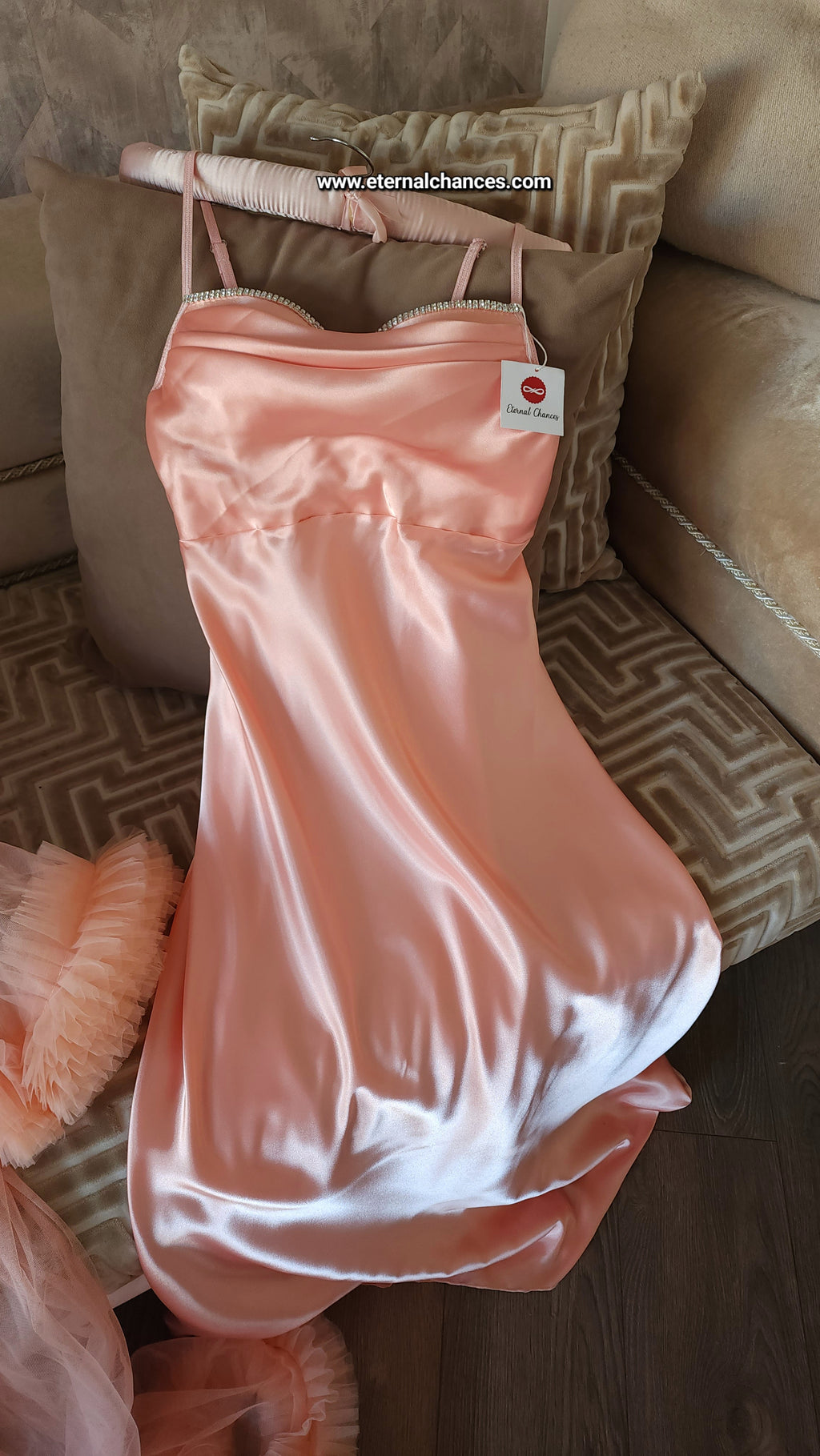 Ensemble Long Mariée Glamour nuisette + déshabillé – Satin Rose Pêche & Tulle Transparent Taille unique standard